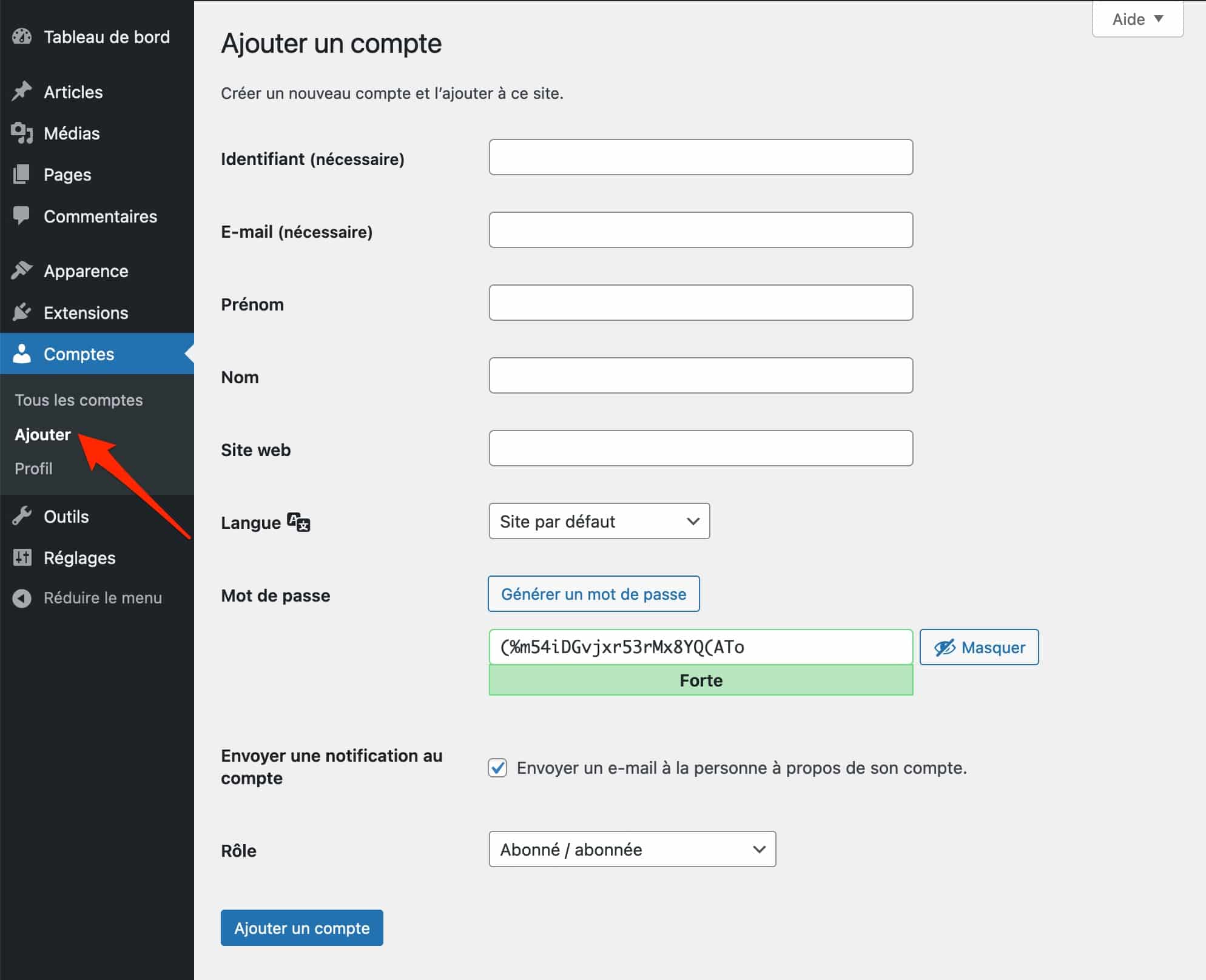 Ajout d'un compte utilisateur sur WordPress.
