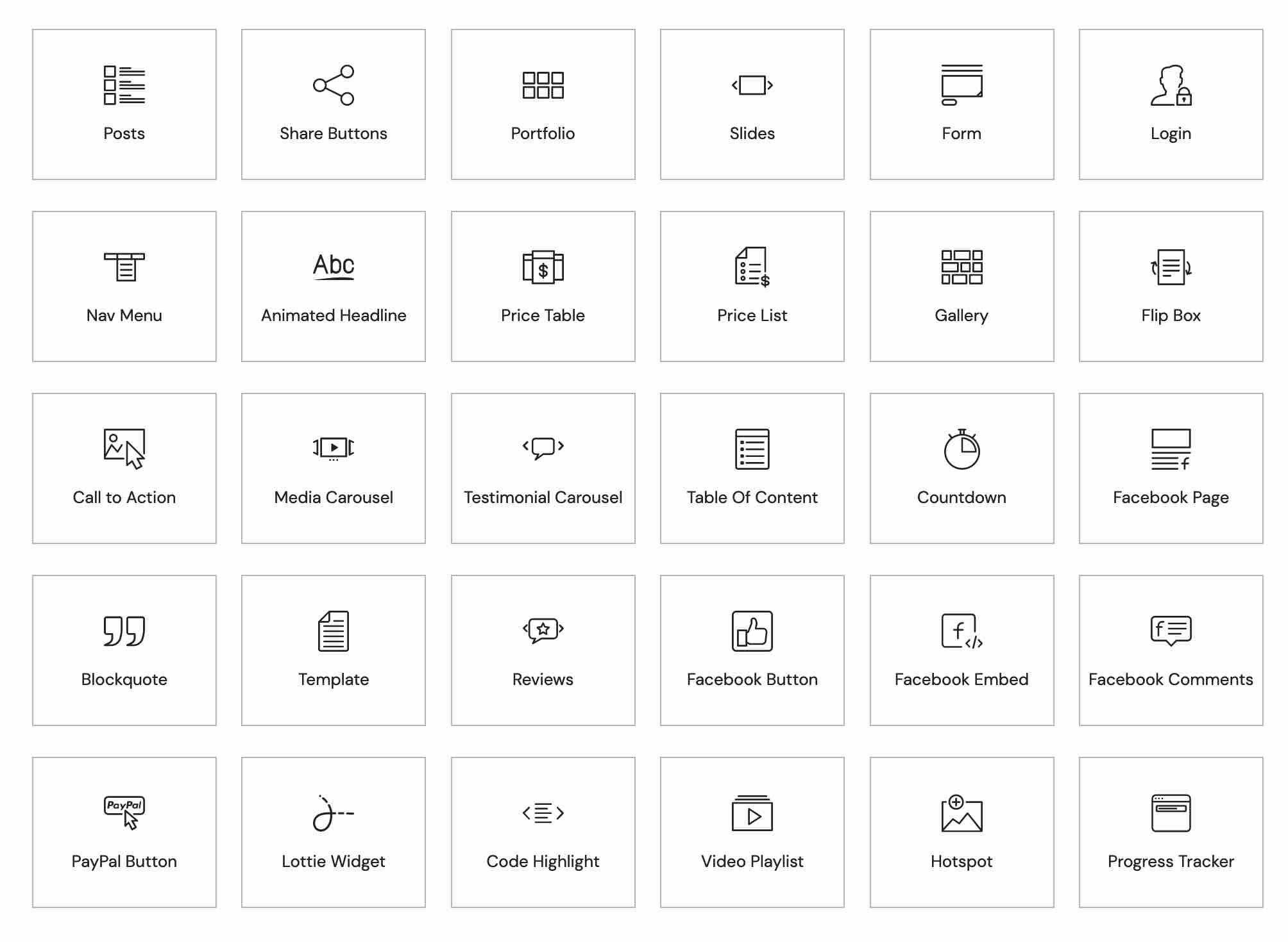 Preview of some of the Elementor Pro widgets.