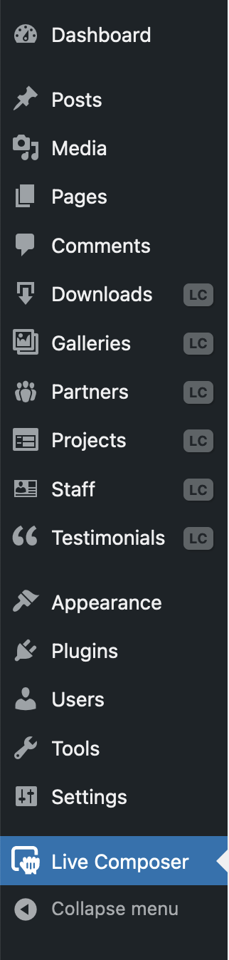 The dashboard of Live Composer.