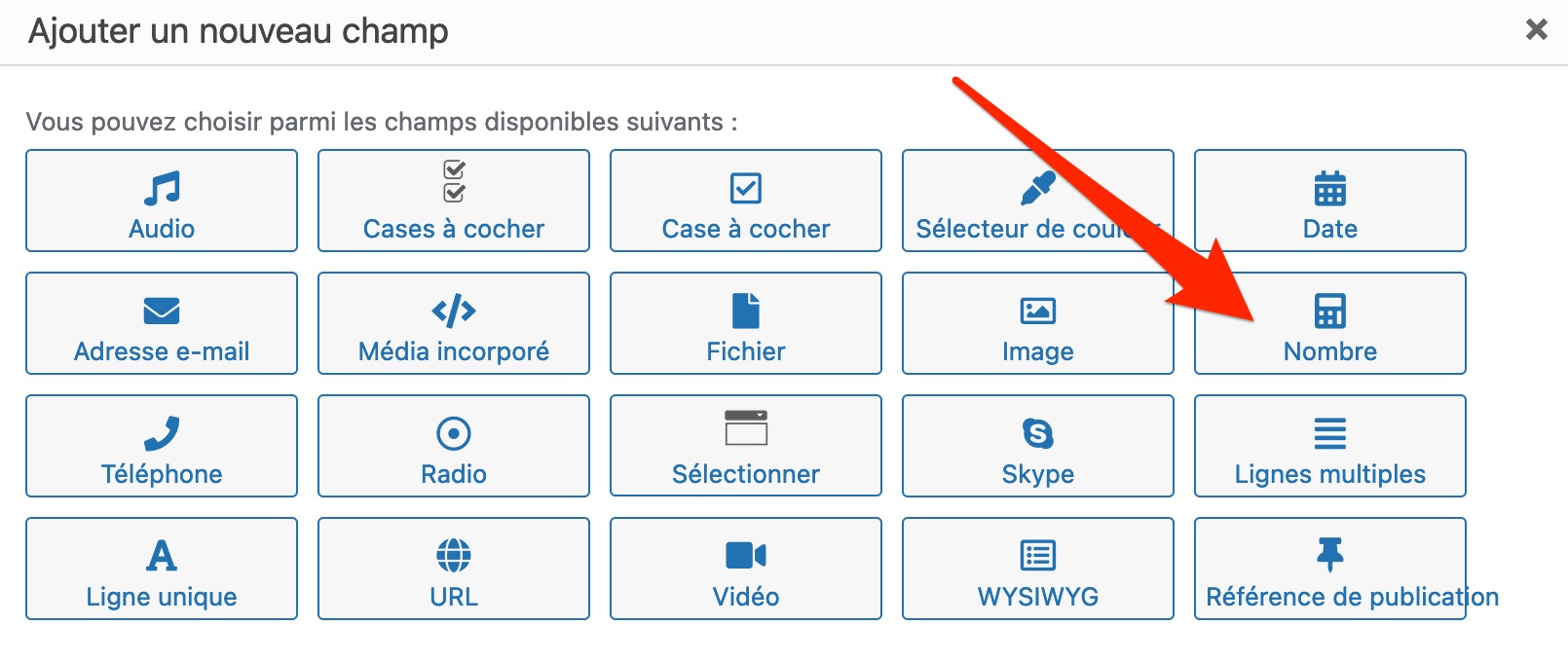 Le champ personnalisé Nombre proposé par Toolset.