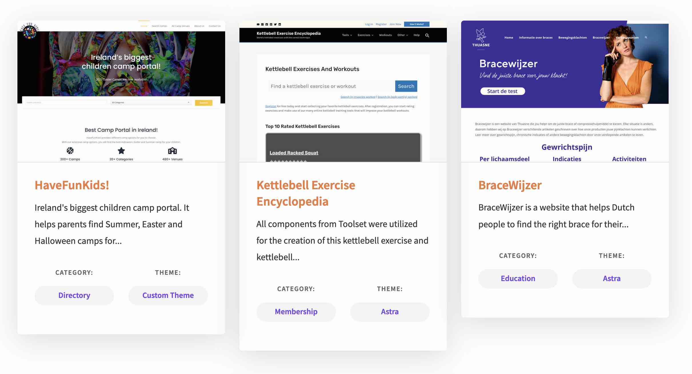 Exemples de sites créés avec Toolset.