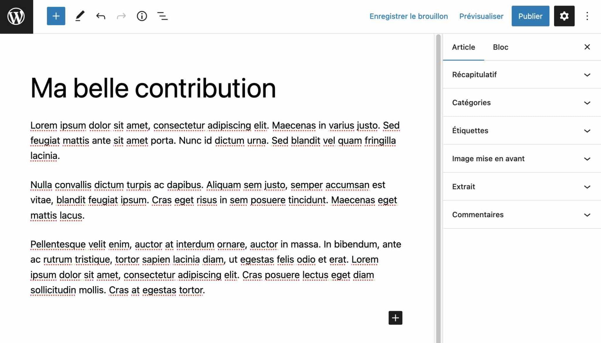 L'interface d'ajout d'un article pour un contributeur WordPress.