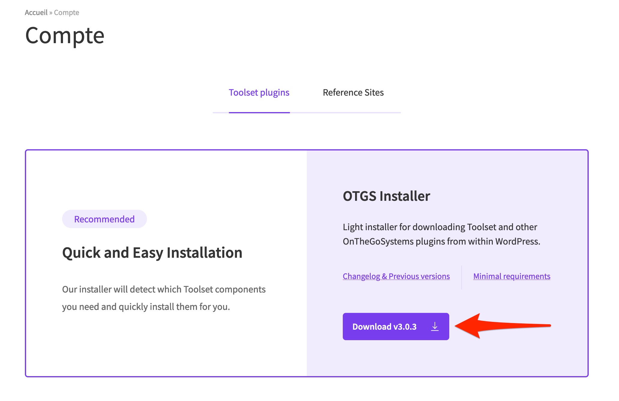 L'installateur OTGS de Toolset.