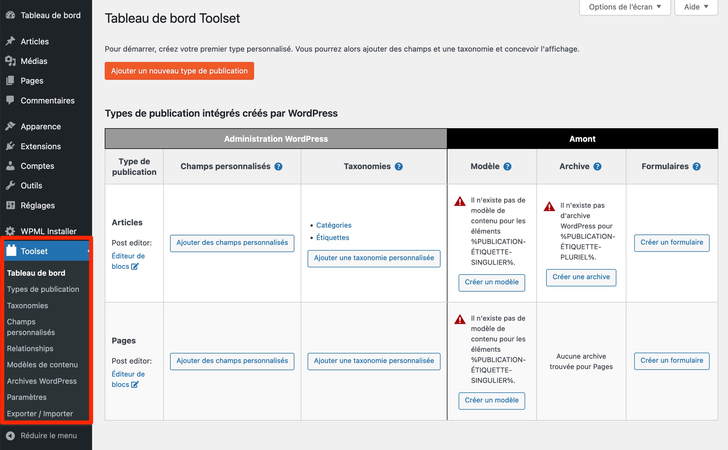 Le menu de réglages proposé par Toolset.
