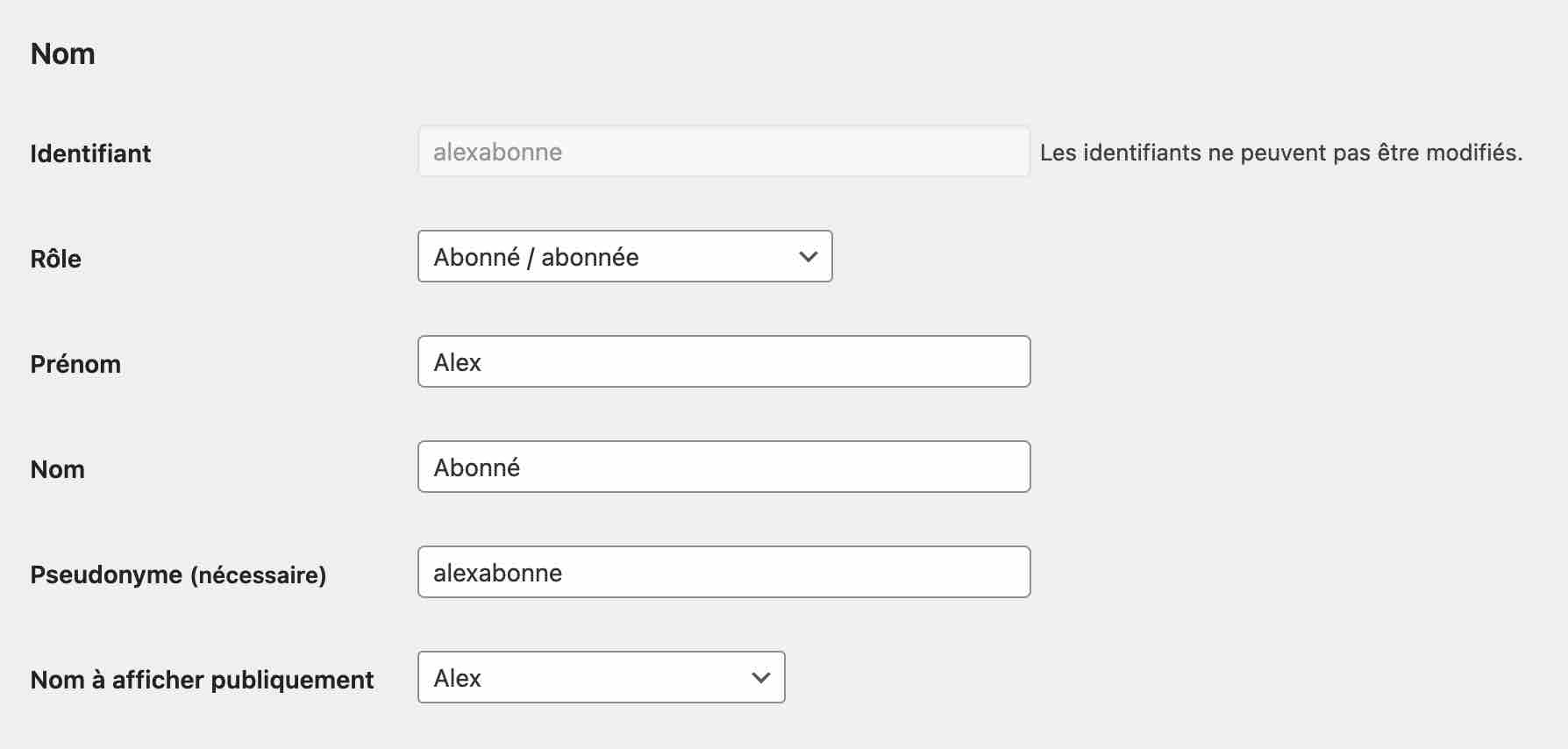 Modification des informations personnelles de l'utilisateur.