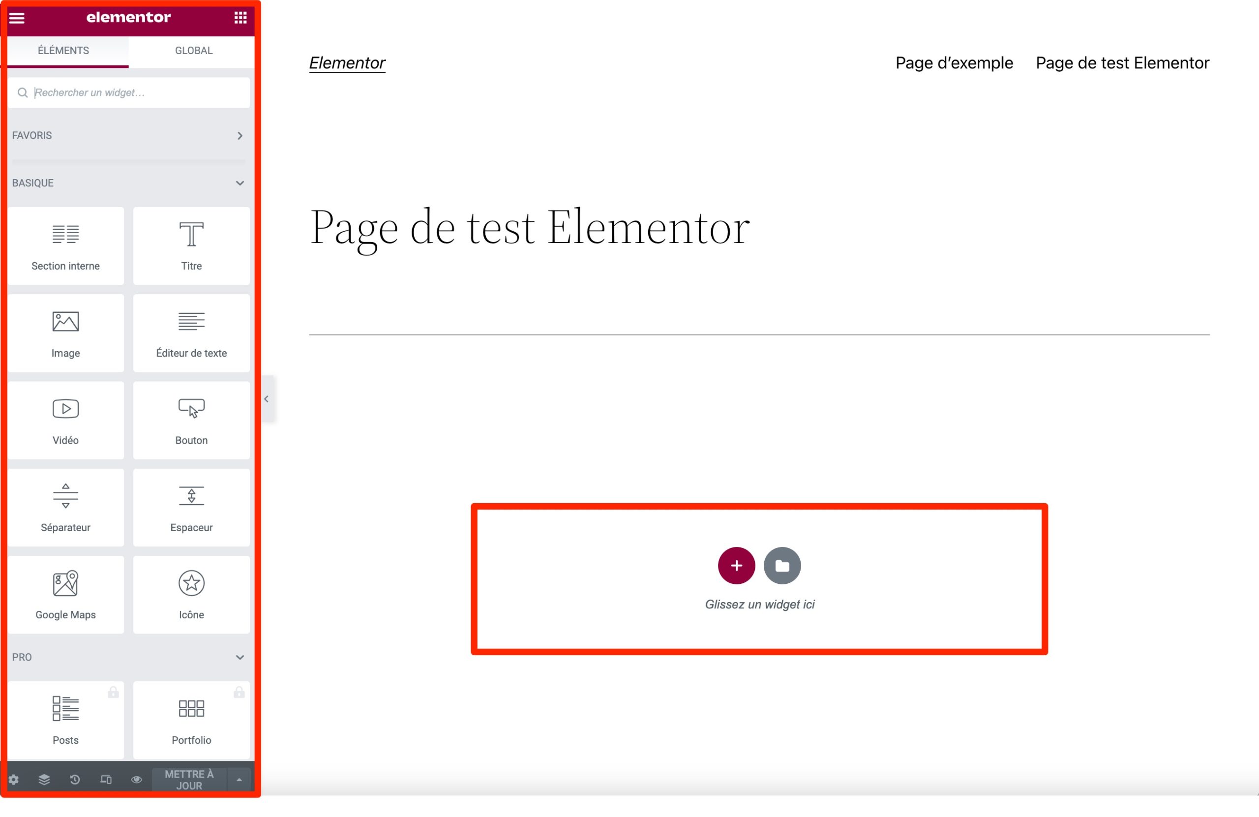 L'interface d'édition du page builder Elementor.
