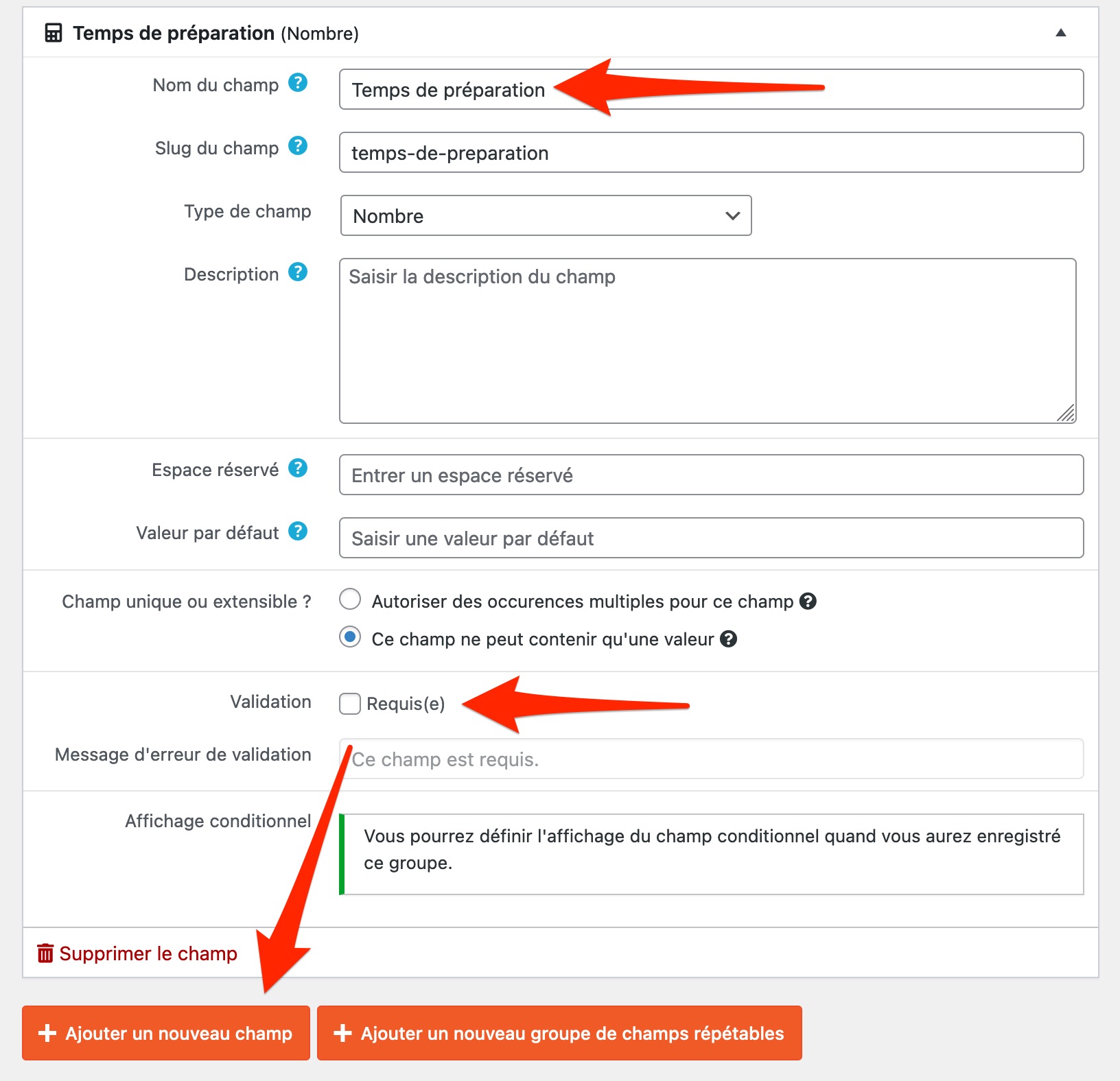 Processus de création d'un champ personnalisé avec Toolset.