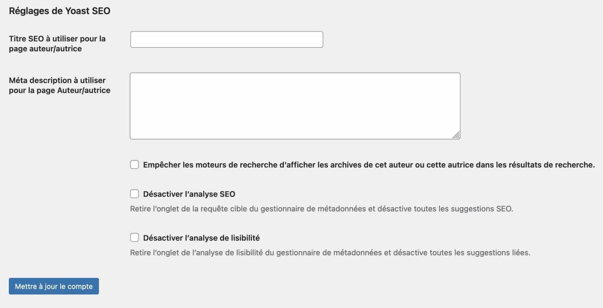 Réglages de Yoast SEO au niveau d'un compte utilisateur.
