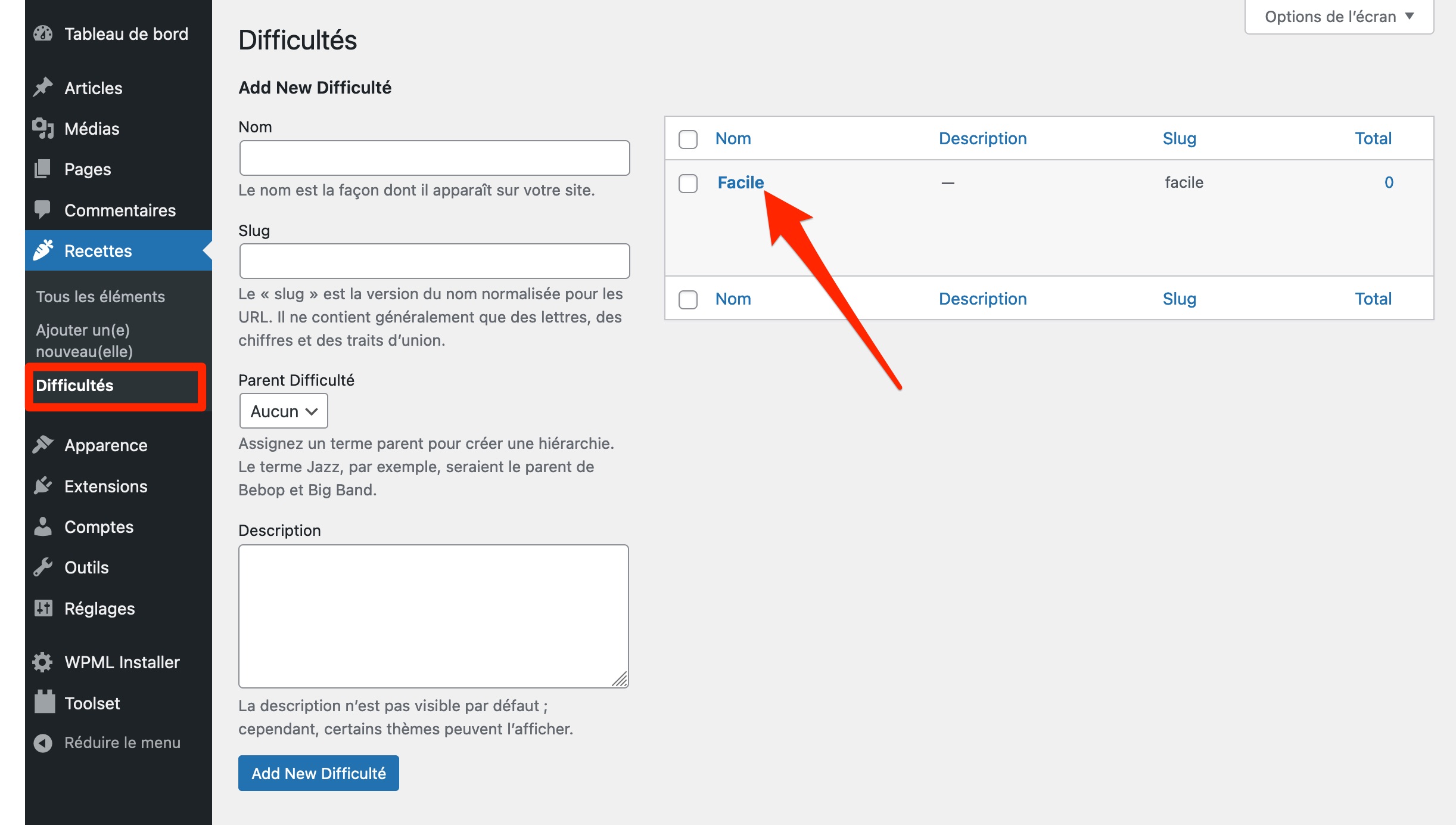 Création d'une taxonomie sur l'interface d’administration de WordPress.