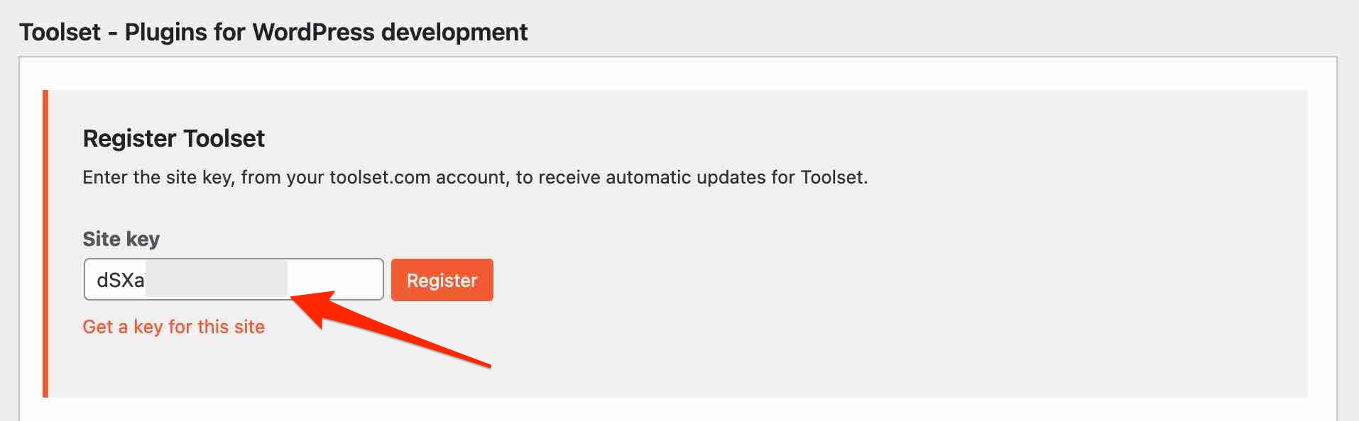 Adding a Toolset site key.