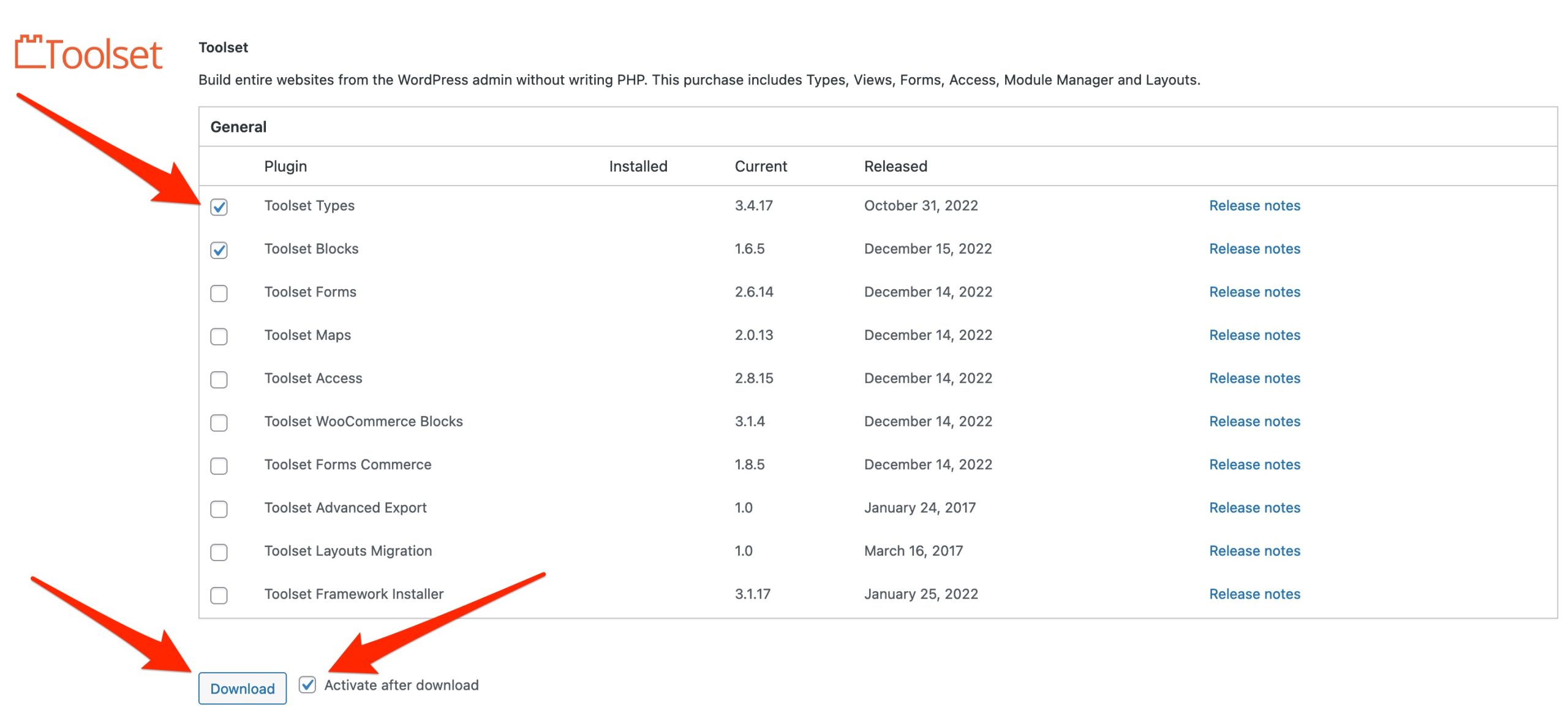 Toolset's components can be activated from the WordPress dashboard.
