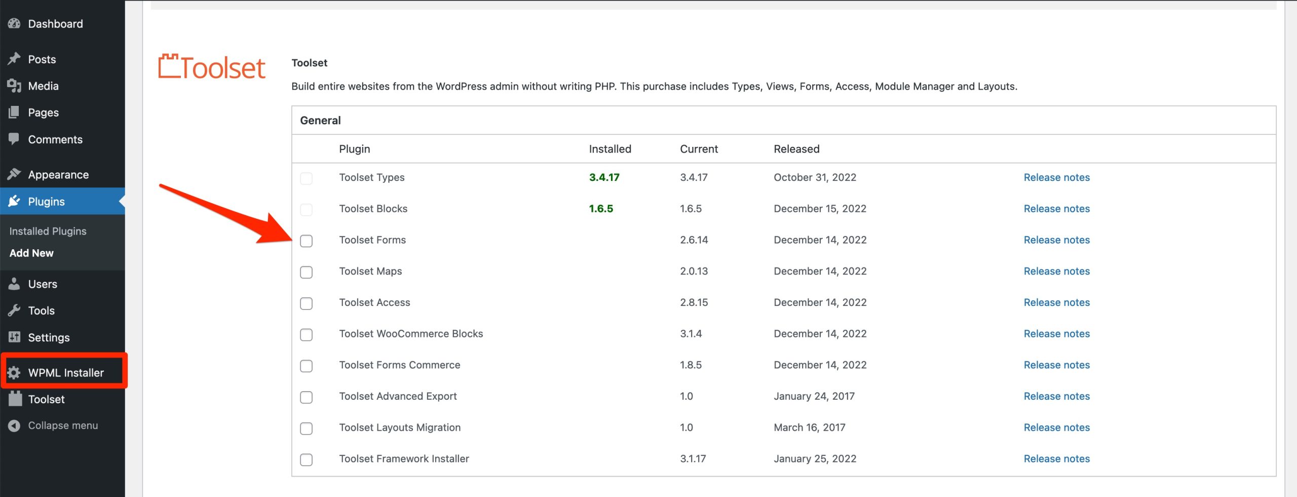 Toolset's plugins can be individually activated or deactivated.