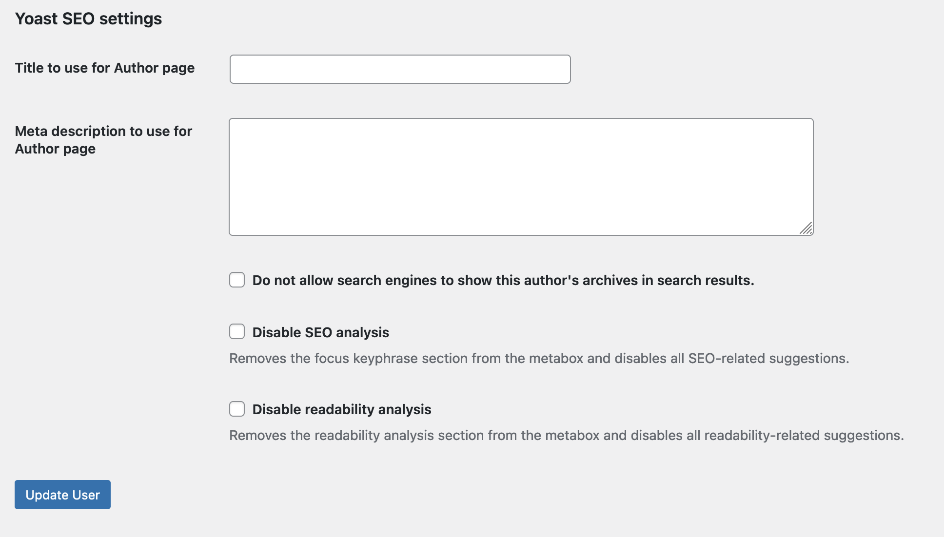 Yoast SEO settings for individual users.