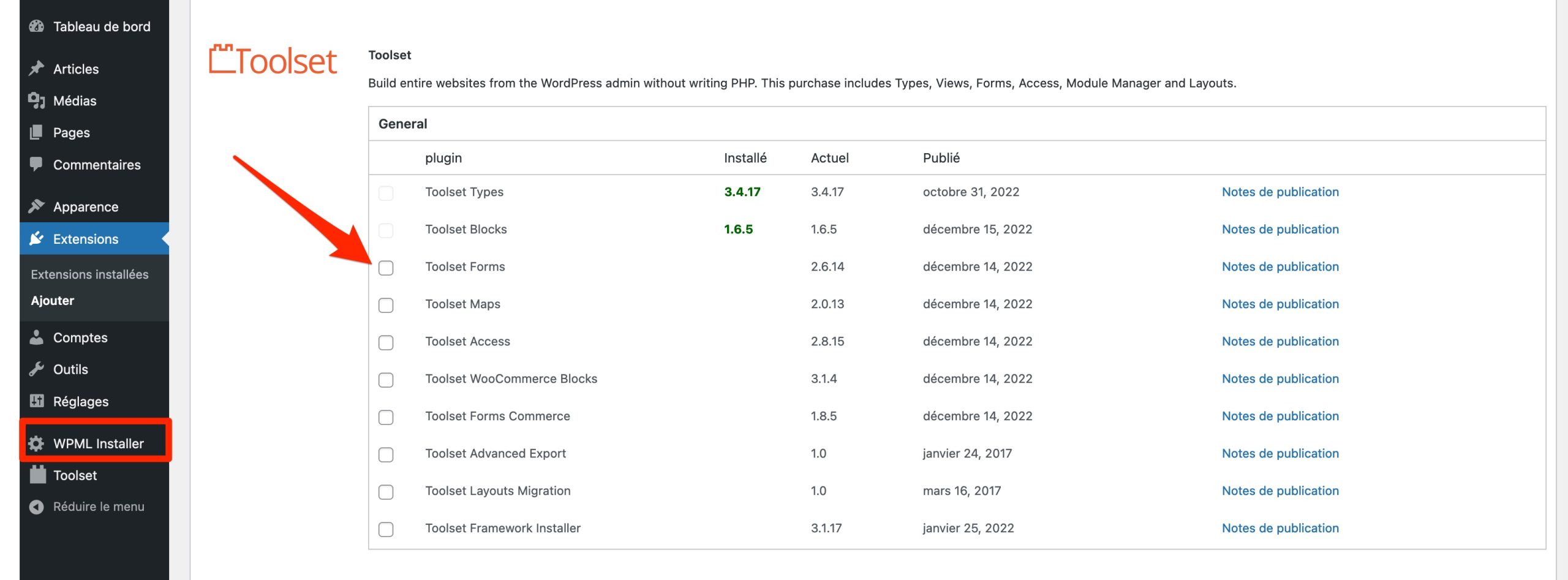Les extensions de Toolset peuvent s'activer et se désactiver au cas par cas.