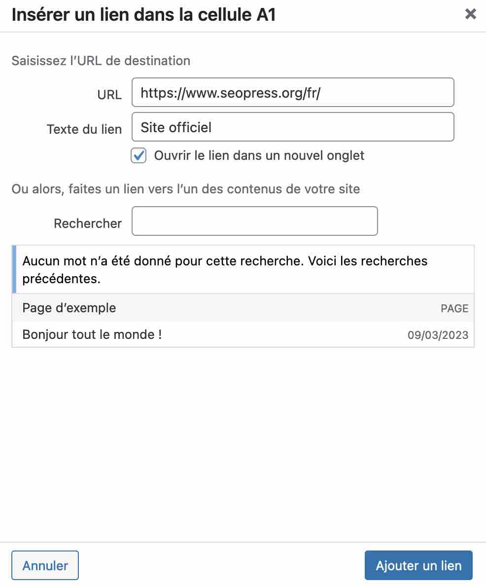 Ajout d'un lien sur TablePress.