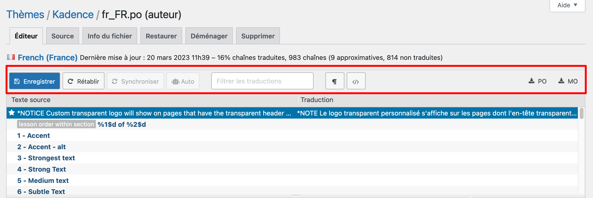 La barre d'outils de Loco Translate.