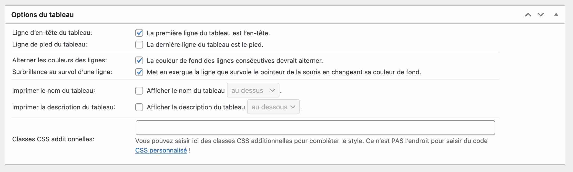 Les options du tableau proposées par TablePress.