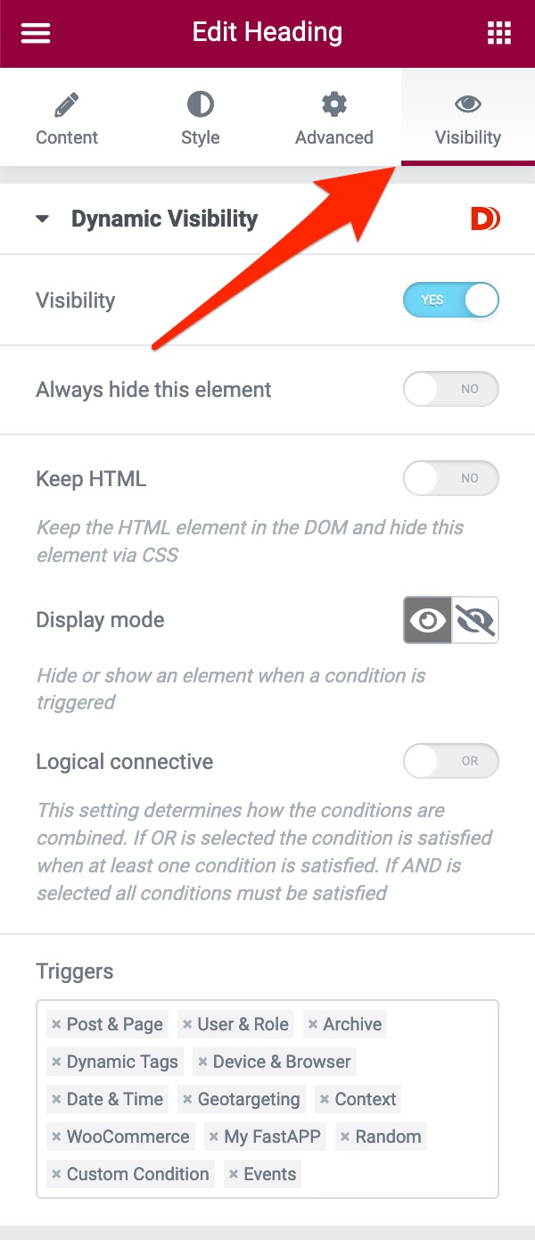The Dynamic Content for Elementor Visibility tab.