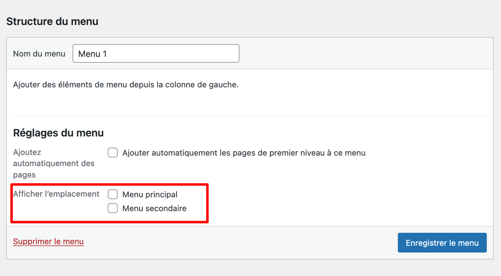 Modification de l'emplacement d'un menu WordPress.