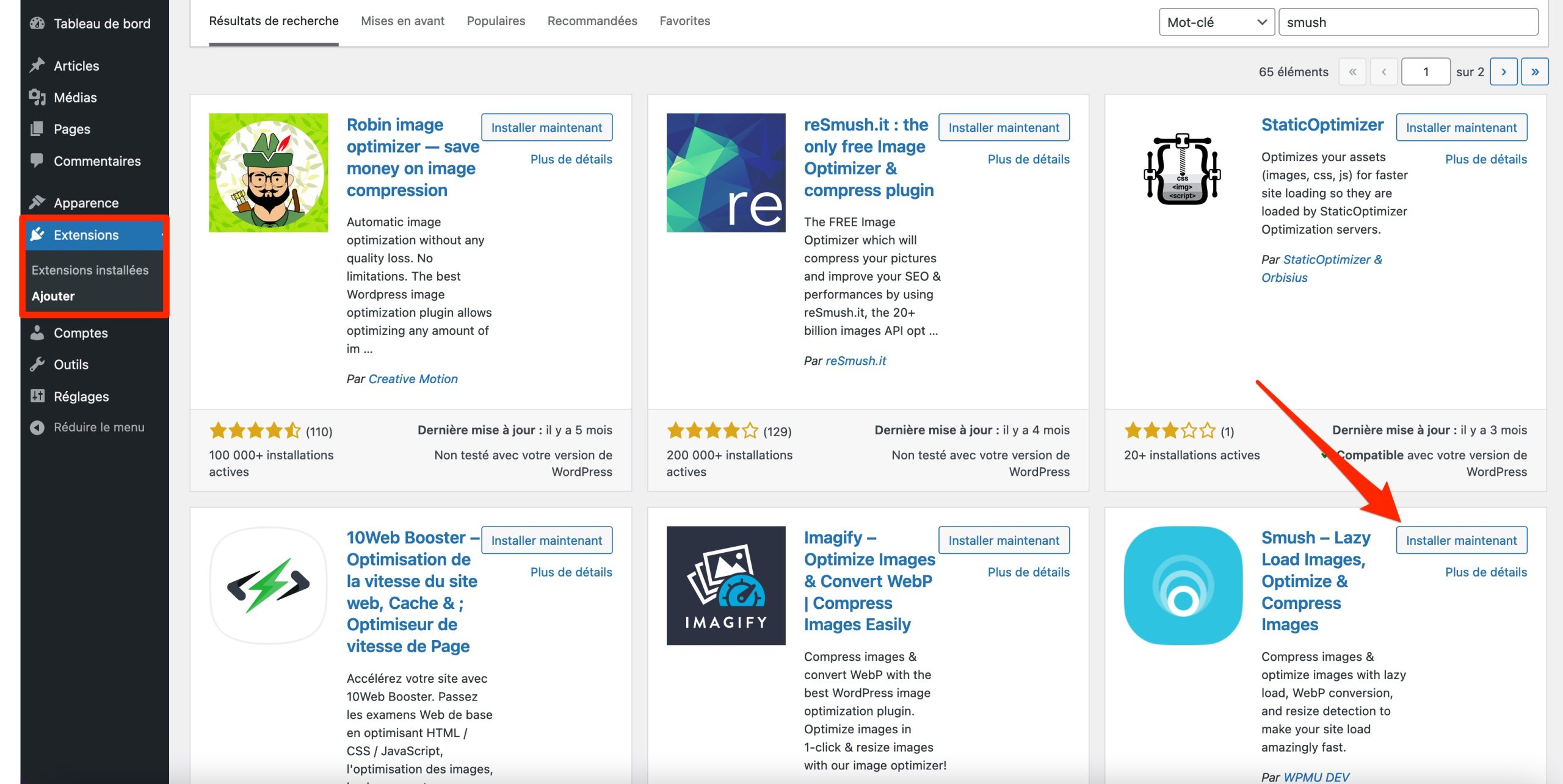 Installation du plugin Smush sur WordPress.