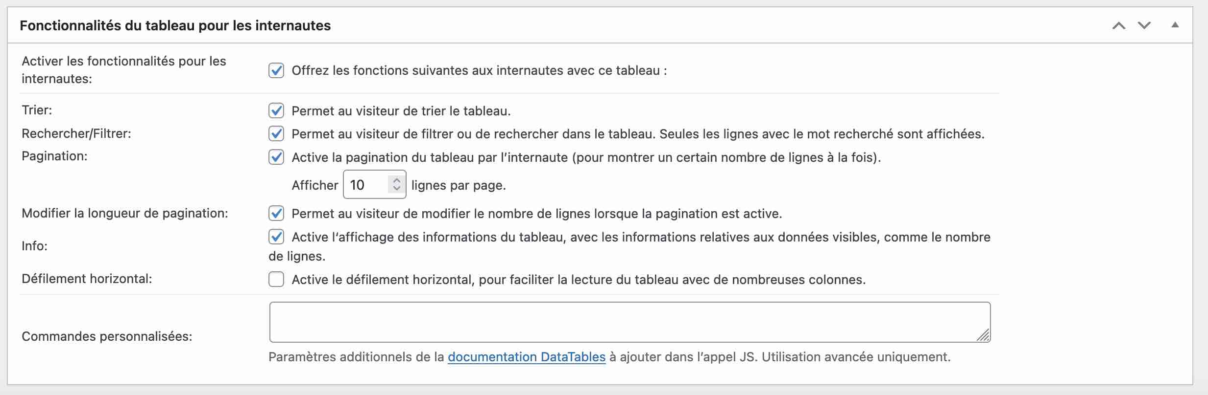 Le contenu de la bibliothèque JavaScript DataTables sur TablePress.