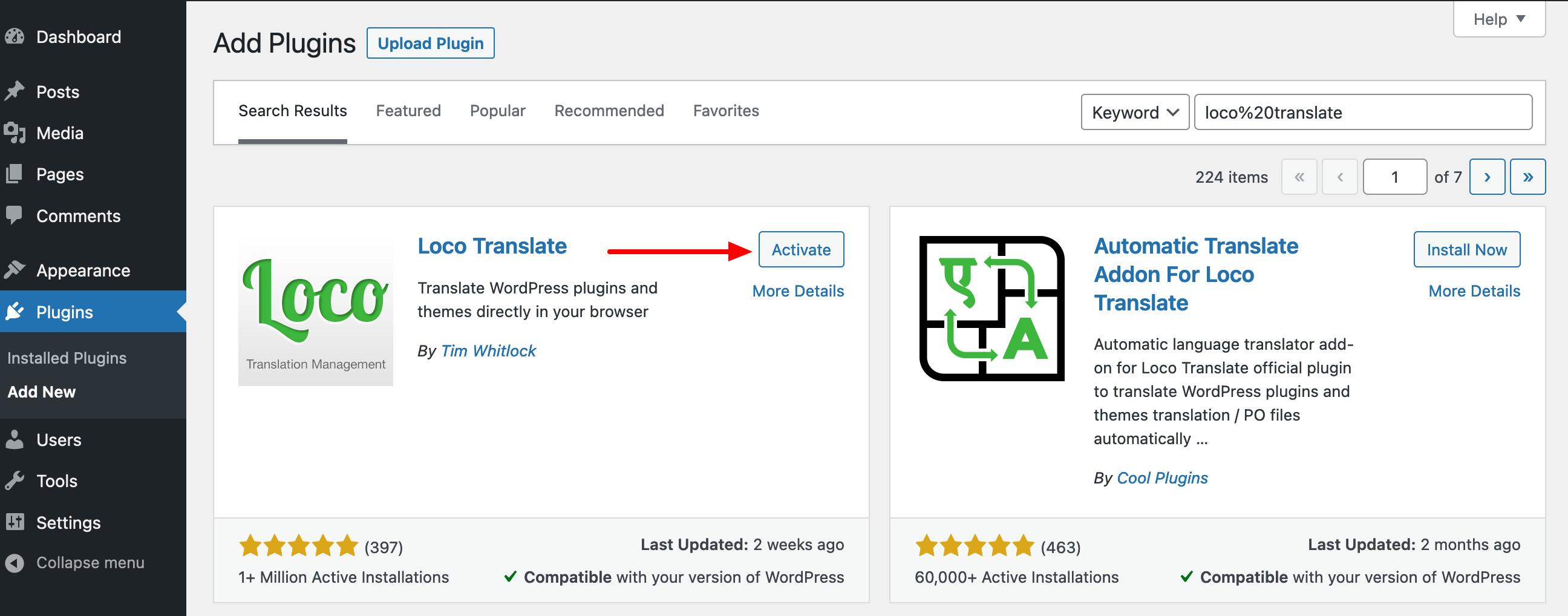 Activating the Loco Translate plugin.