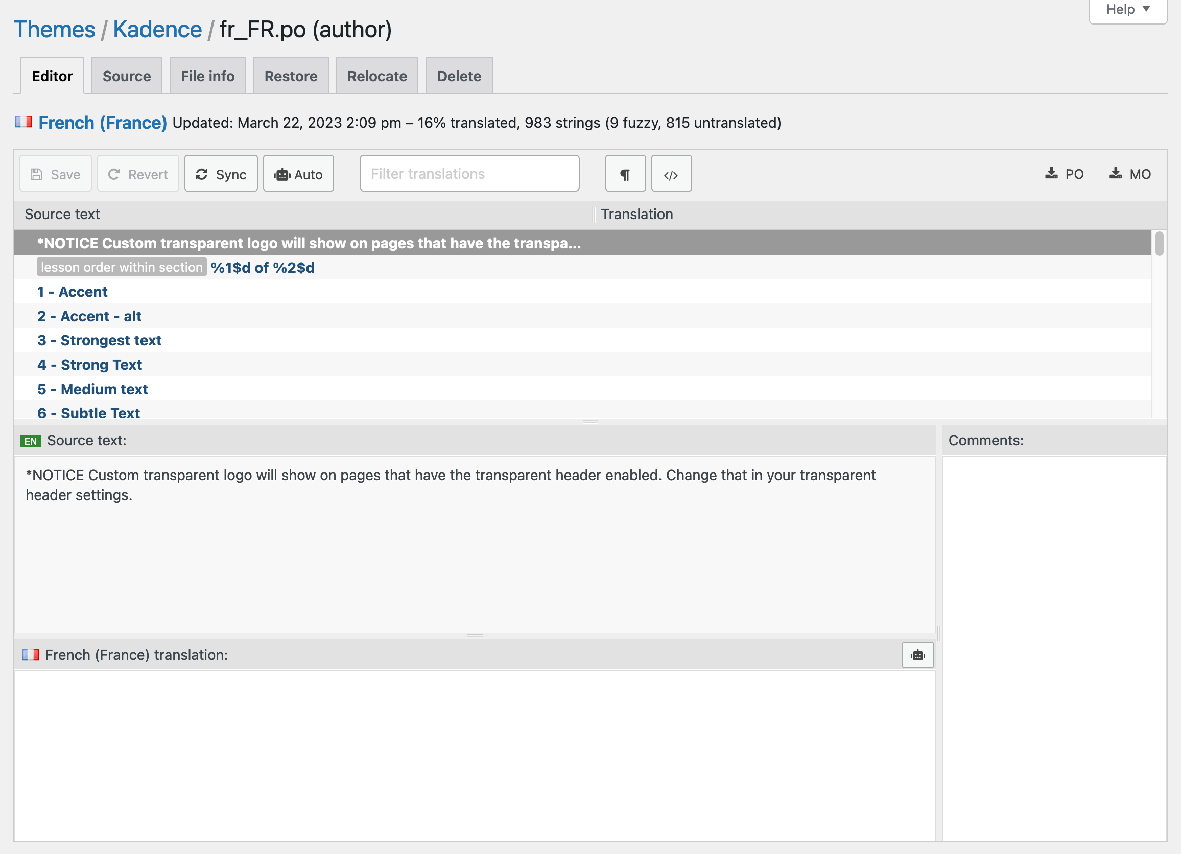 The Loco Translate language editor.