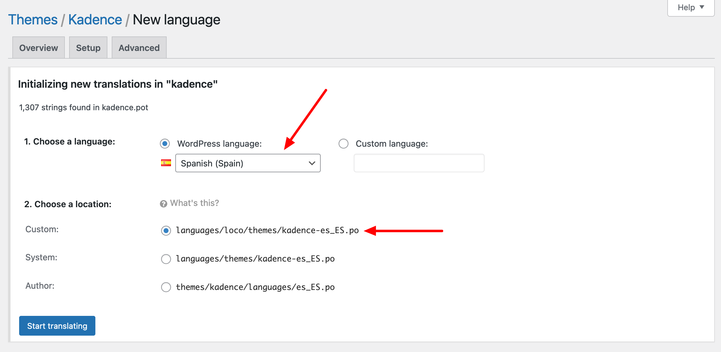 Creating a Spanish translation of Kadence through the Loco Translate plugin.
