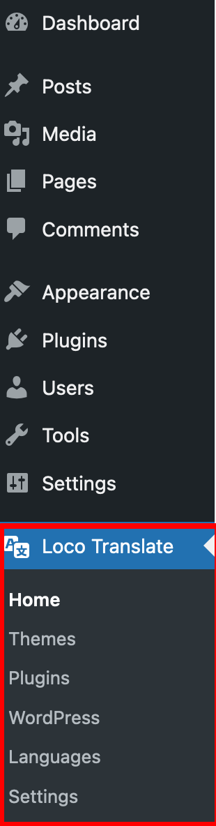 The Loco Translate menu on the WordPress admin interface.