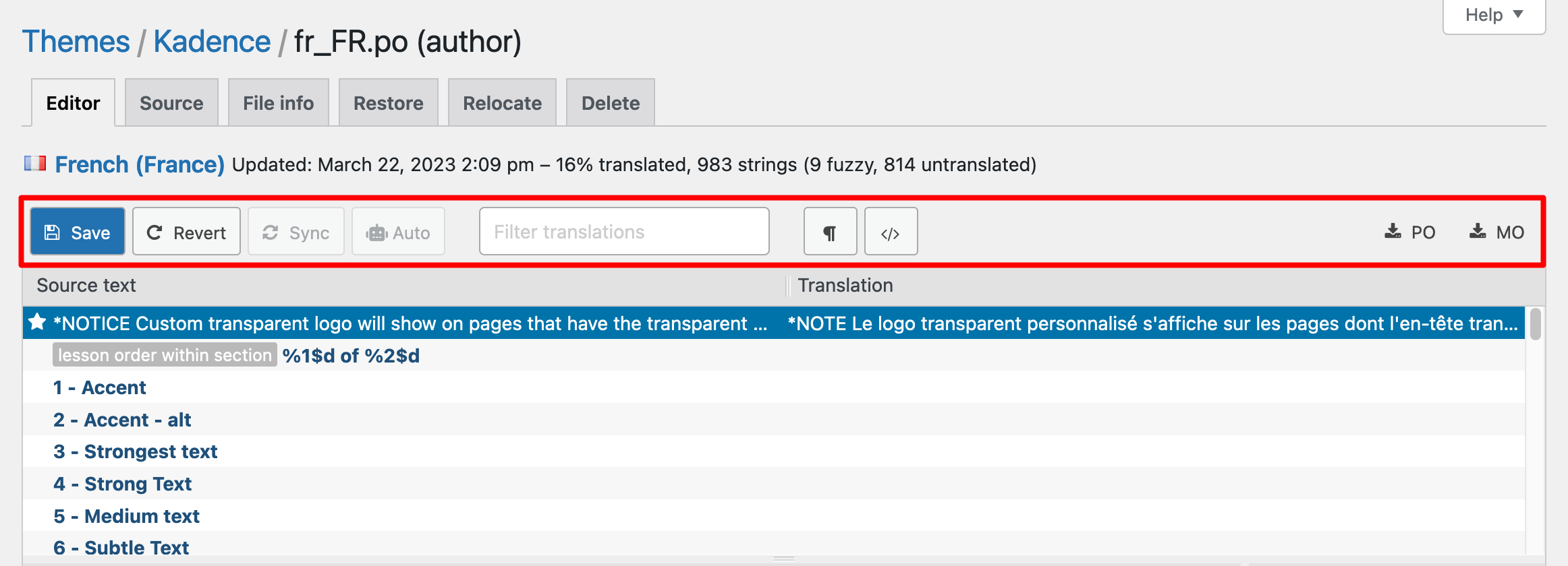 The toolbar in the Loco Translate editor.