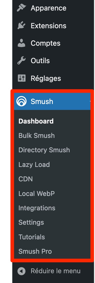 Le menu de réglages de WP Smush.