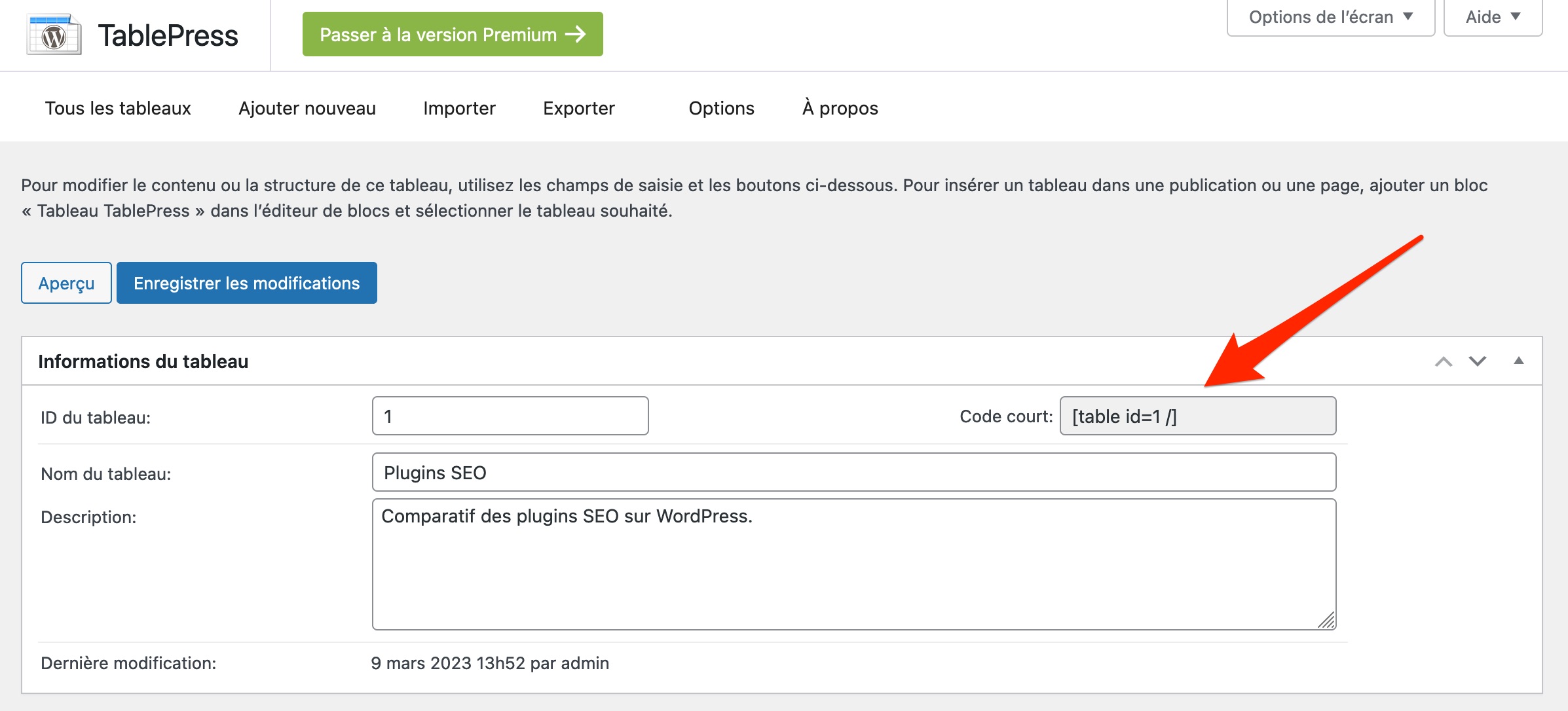 Intégrer un tableau avec shortcode sur TablePress.