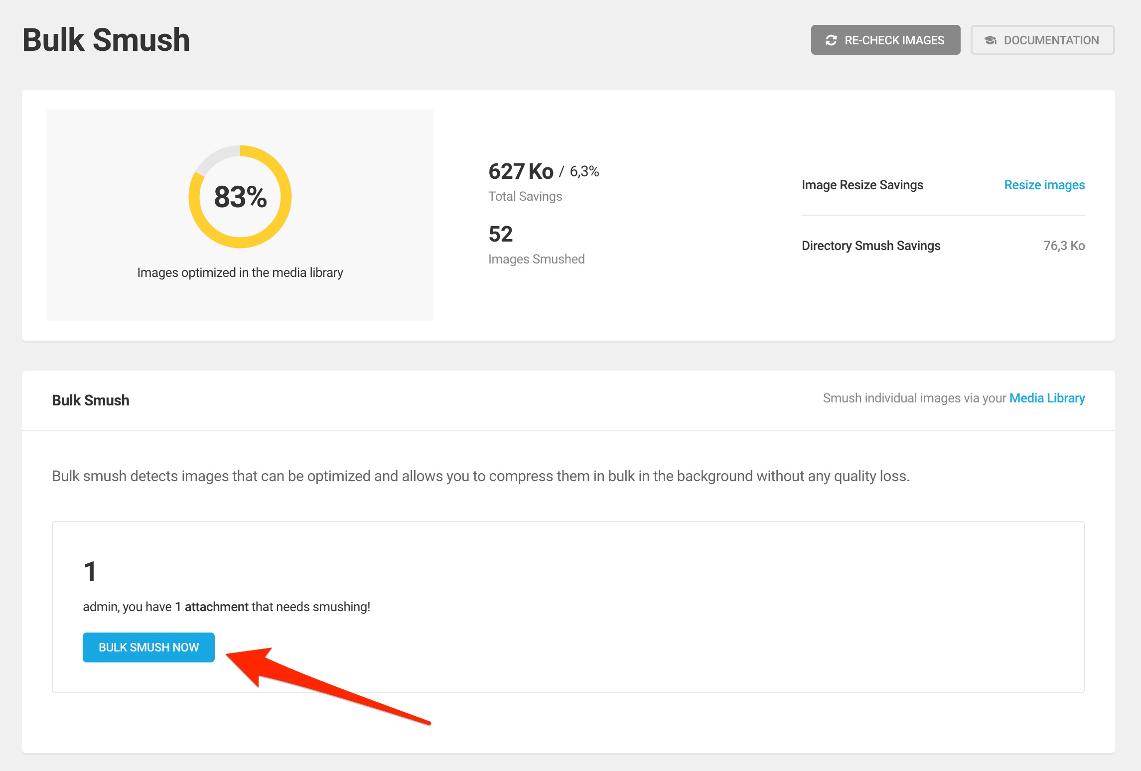 The "Bulk Smush Now" button to optimize your images as a group.