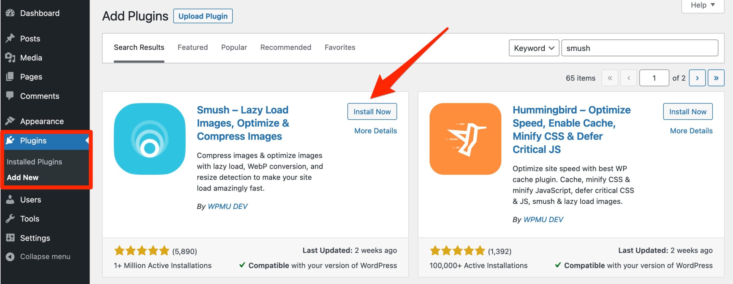 Installation of the Smush plugin.