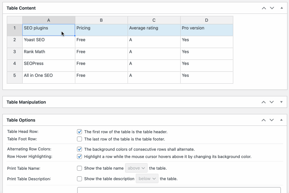 The new version of TablePress adds a contextual menu to edit cells.