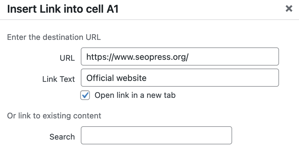 Inserting a link in TablePress.