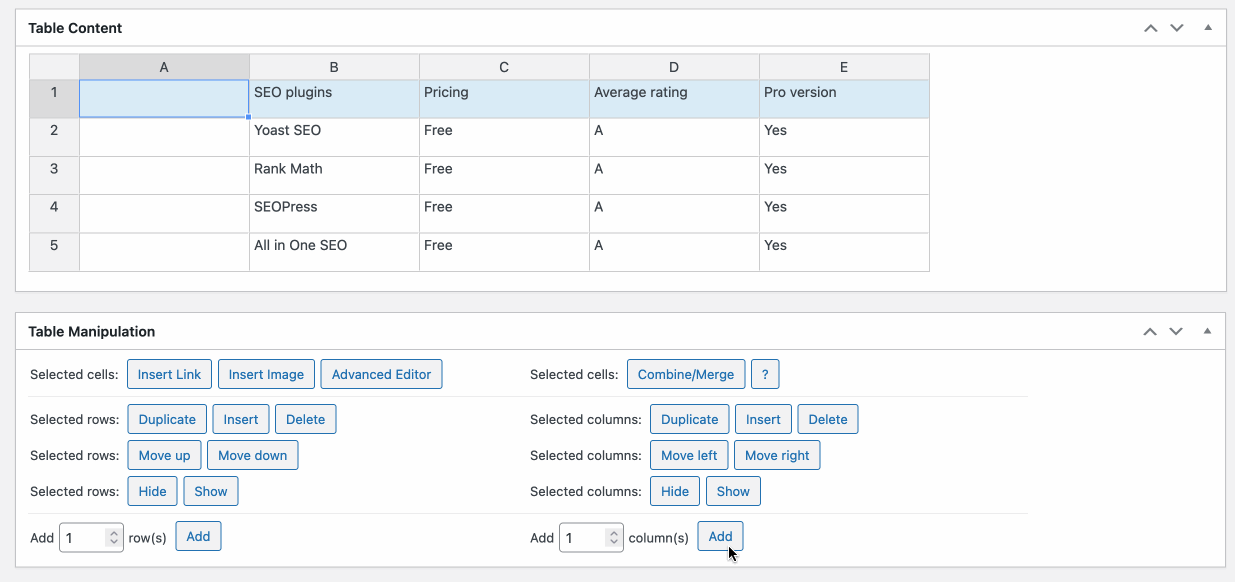 Add a column in TablePress.