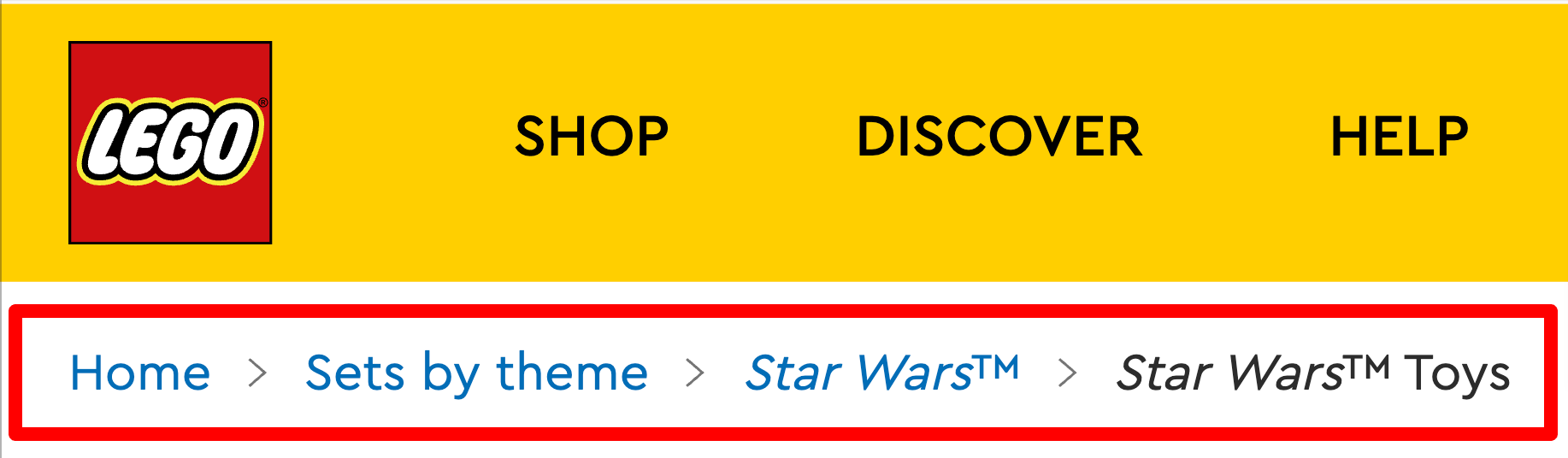 Breadcrumbs on the Lego brand website.