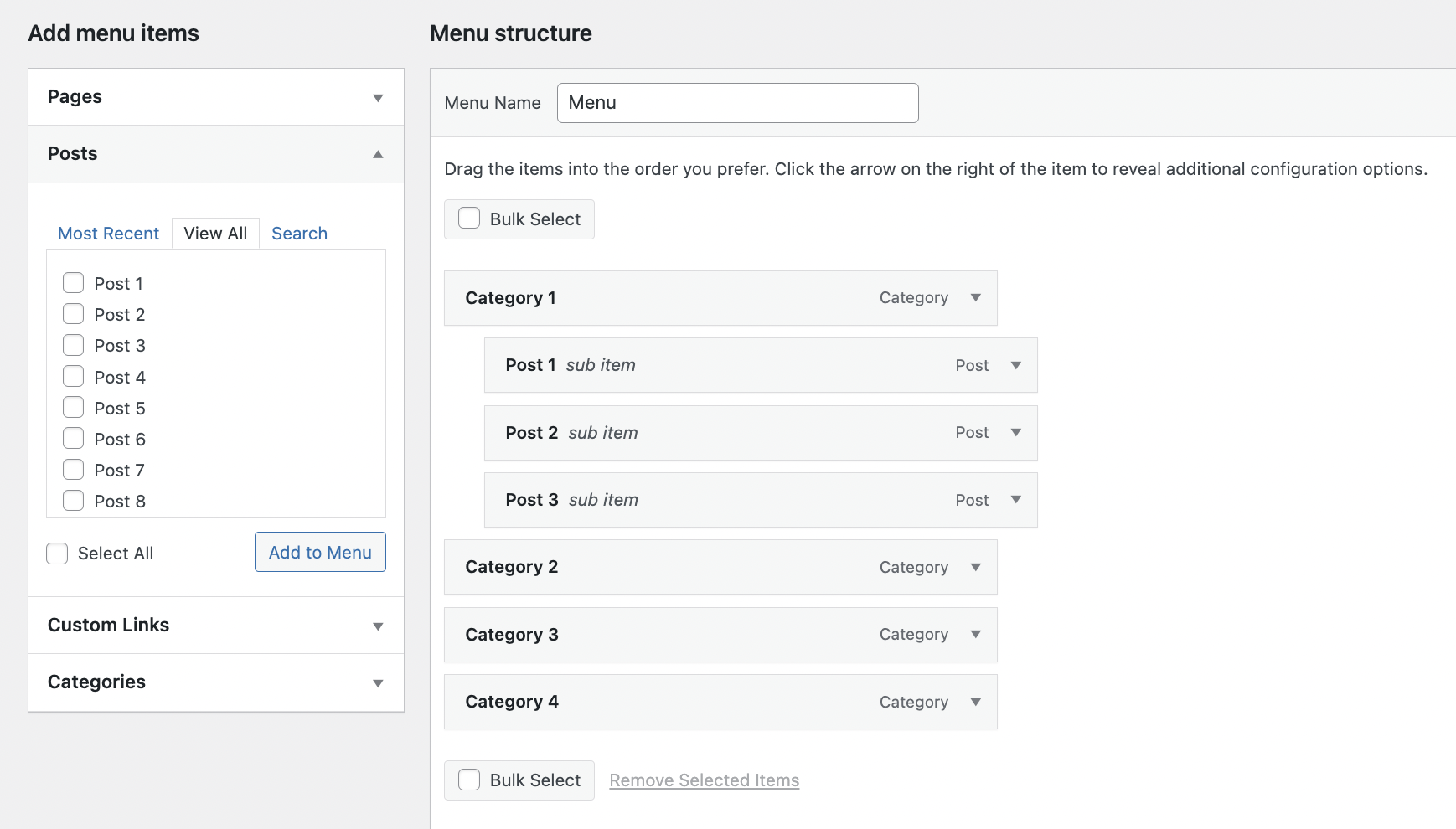You can add posts and categories to your dropdown menu.
