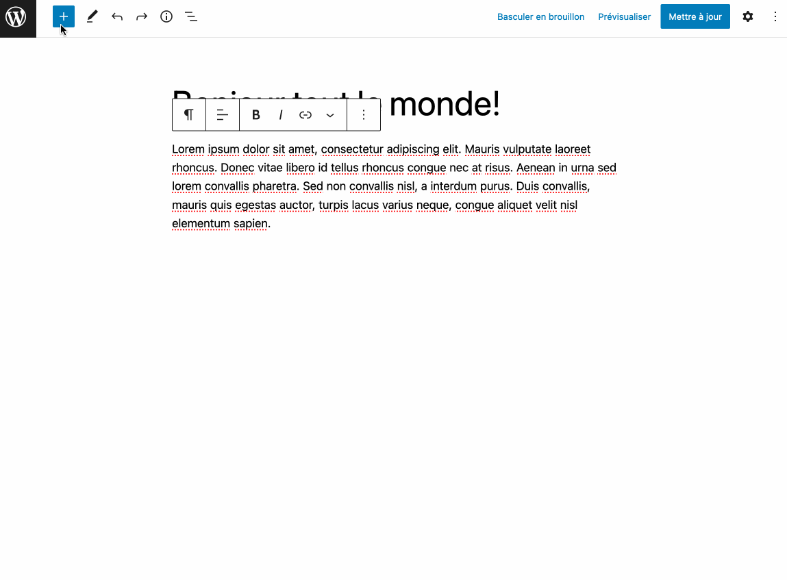 Contenu créé avec des blocs Gutenberg dans l'éditeur de WordPress.