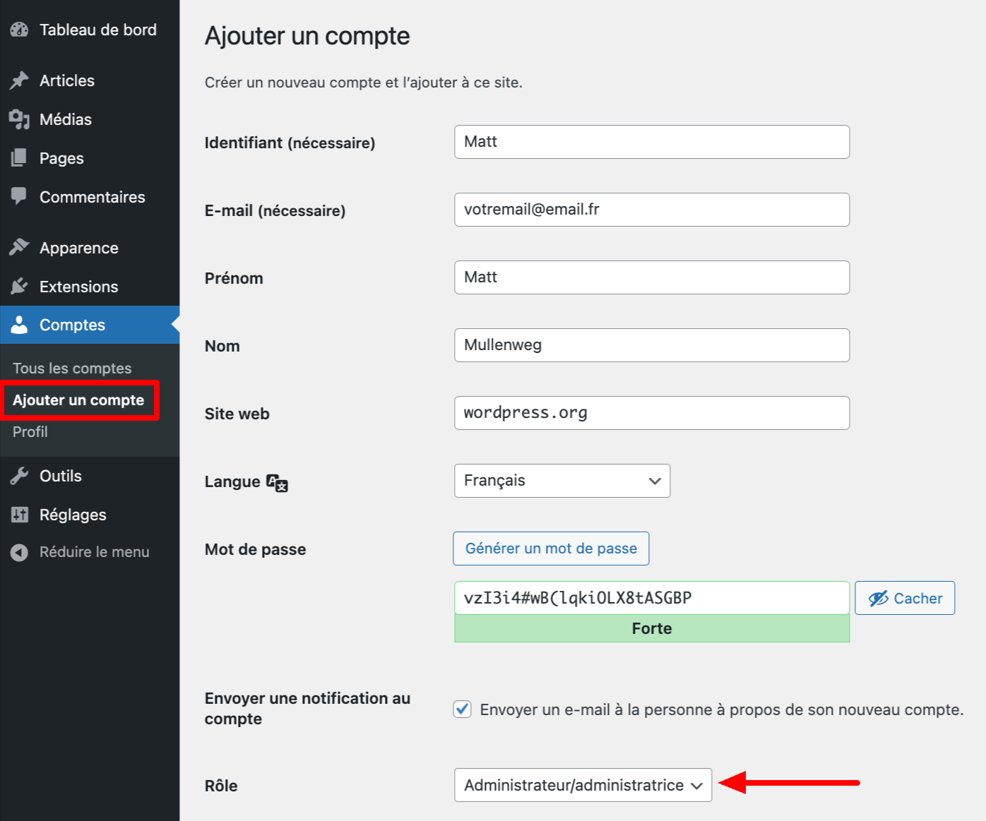 Ajout d'un compte utilisateur sur WordPress.