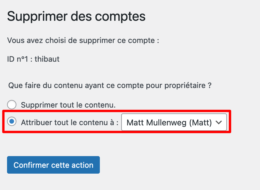 Attribution d'un contenu après la modification d'un compte utilisateur WordPress.