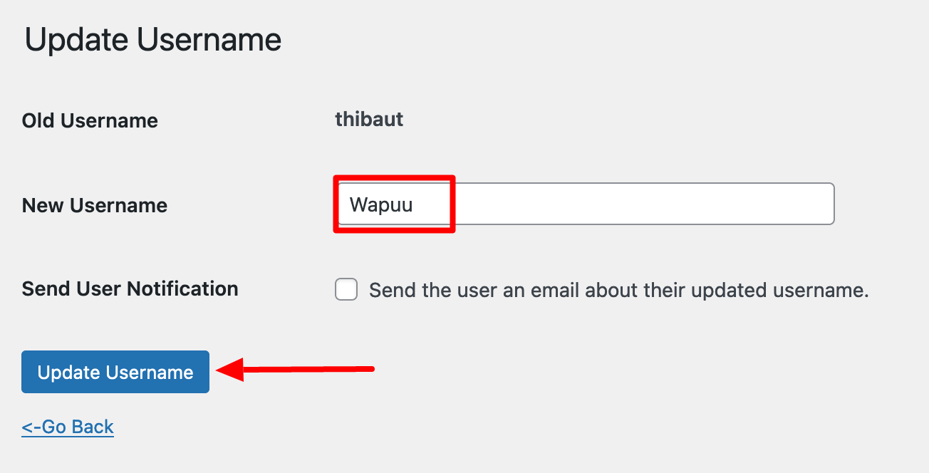 Updating a username on WordPress.