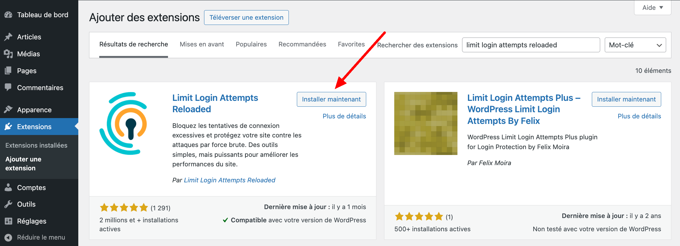 Installation de l'extension Limit Login Attempts Reloaded.