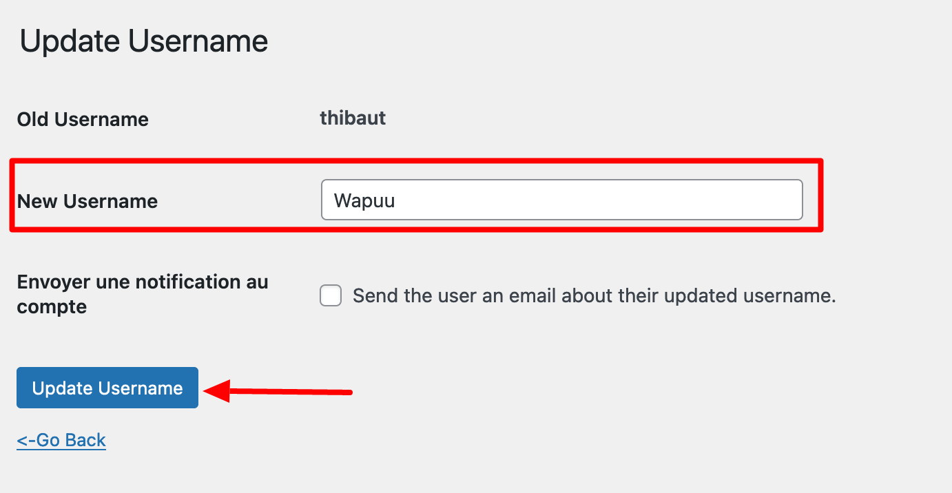 Modification d'un nom d'utilisateur sur WordPress.