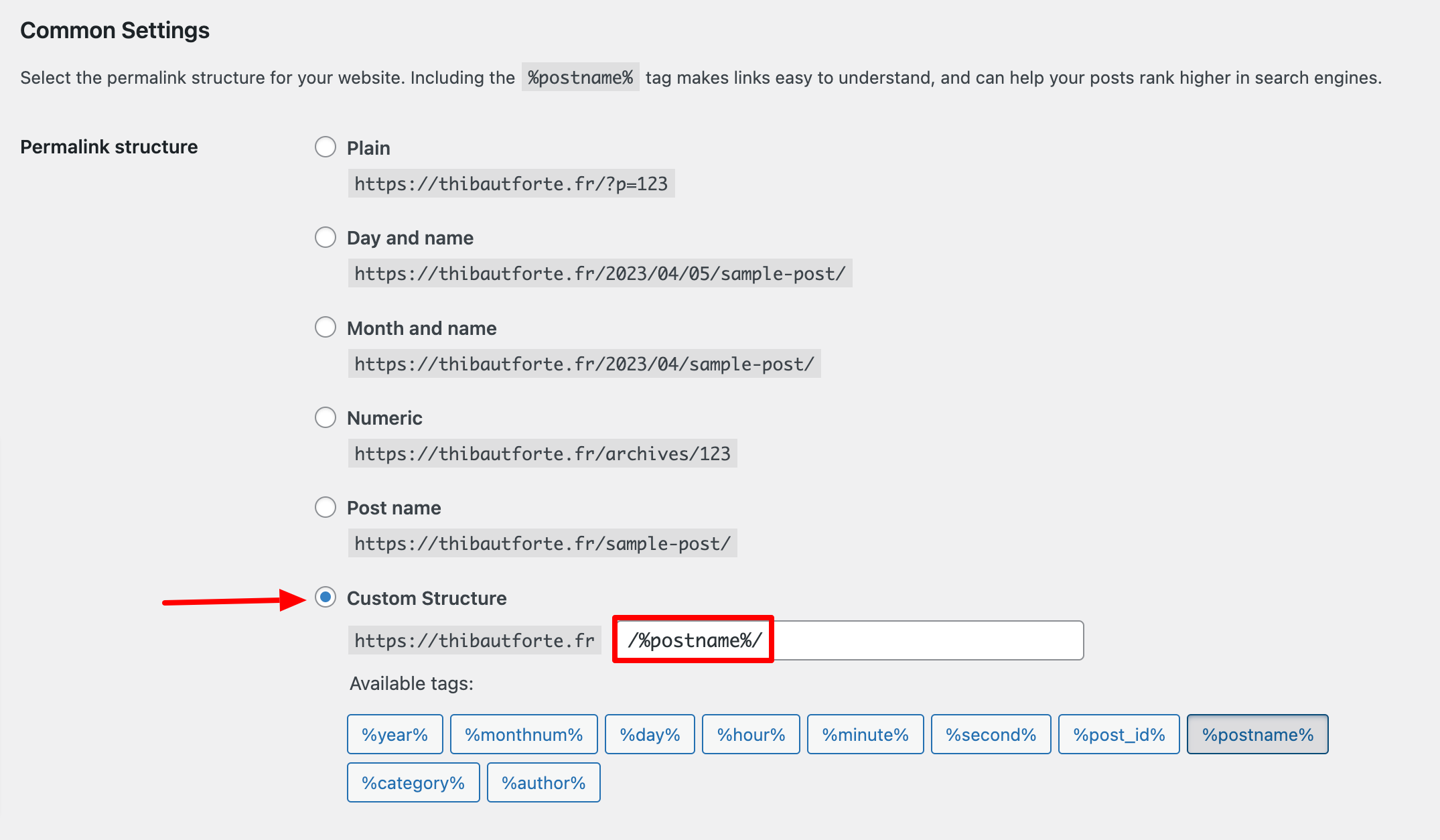 WordPress permalink structure settings.