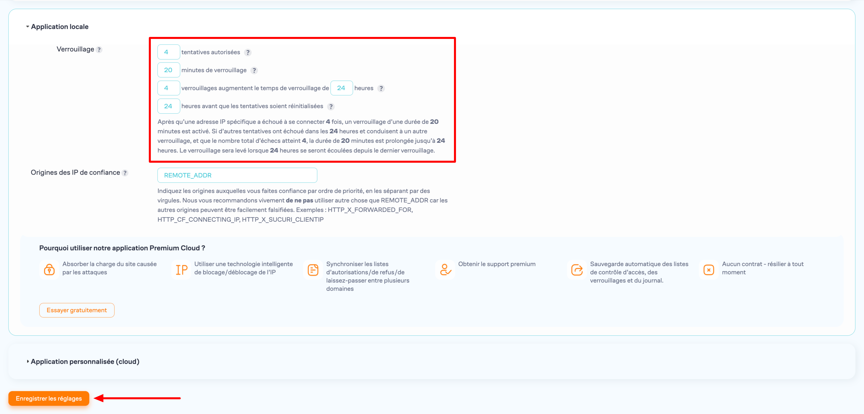 Enregistrement des réglages de Limit Login Attempts Reloaded.