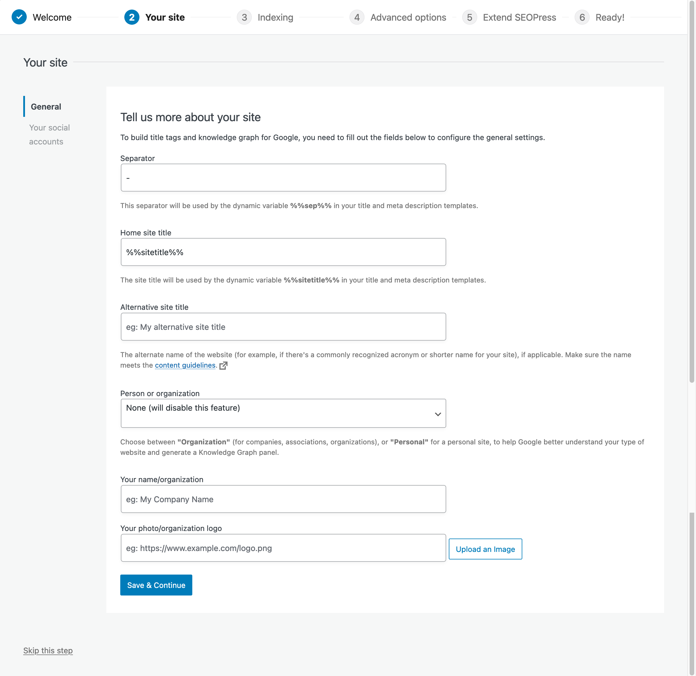 Second step: your site settings on the SEOPress plugin.