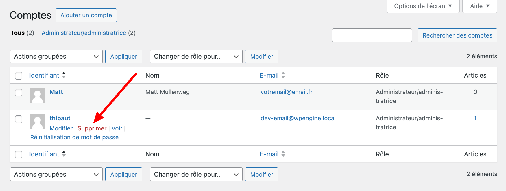 Suppression d'un compte utilisateur sur WordPress.