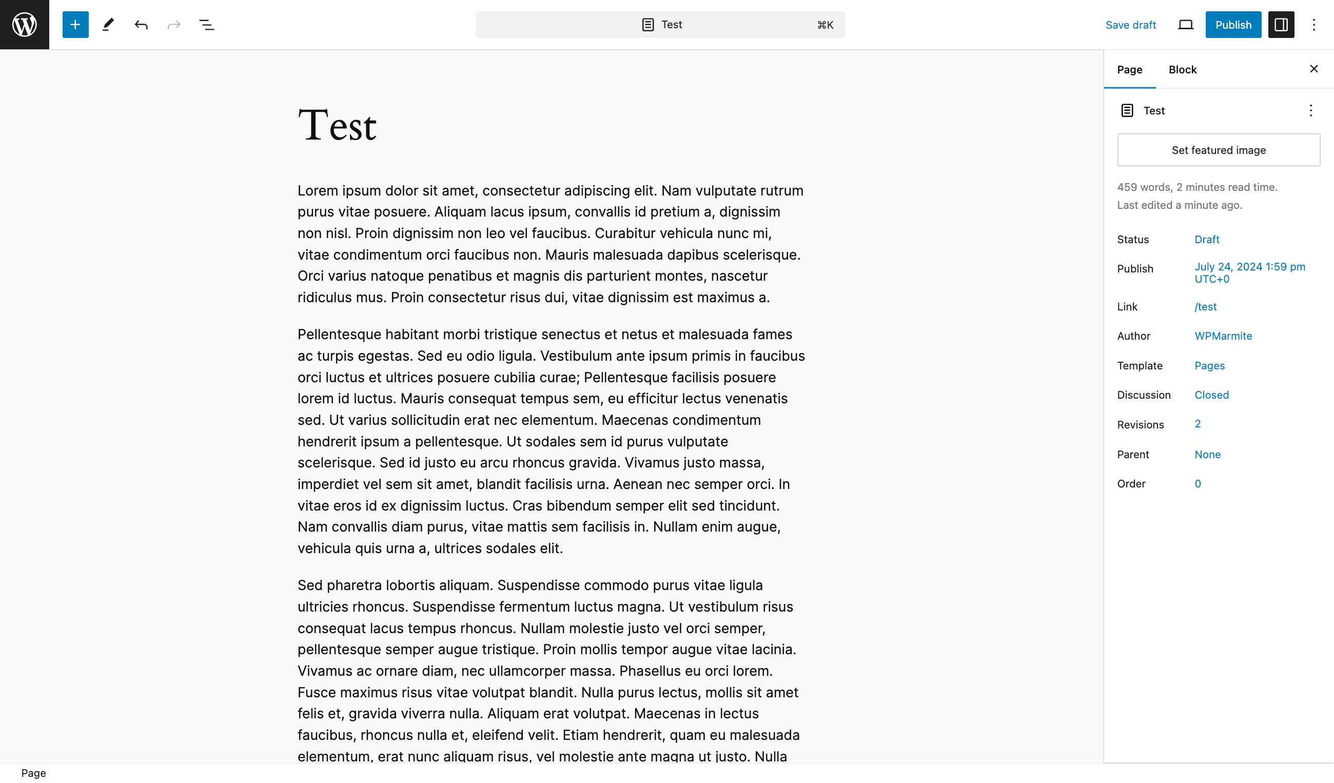 Adding a test page in WordPress.
